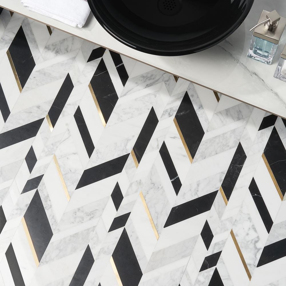 Xander Polished Marble and Brass Chevron Wall Mosaic Tile