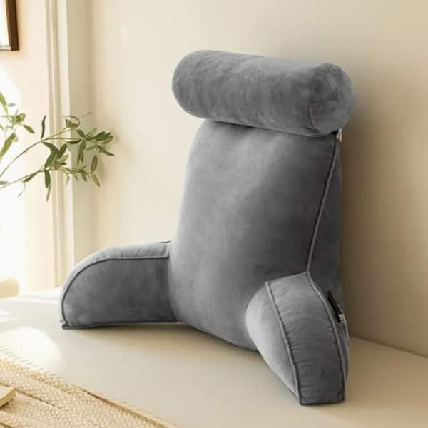 33 in. H x 24 in. W Gray Sofa Bed Head Reading Pillow with Neck Support and Cup Holders