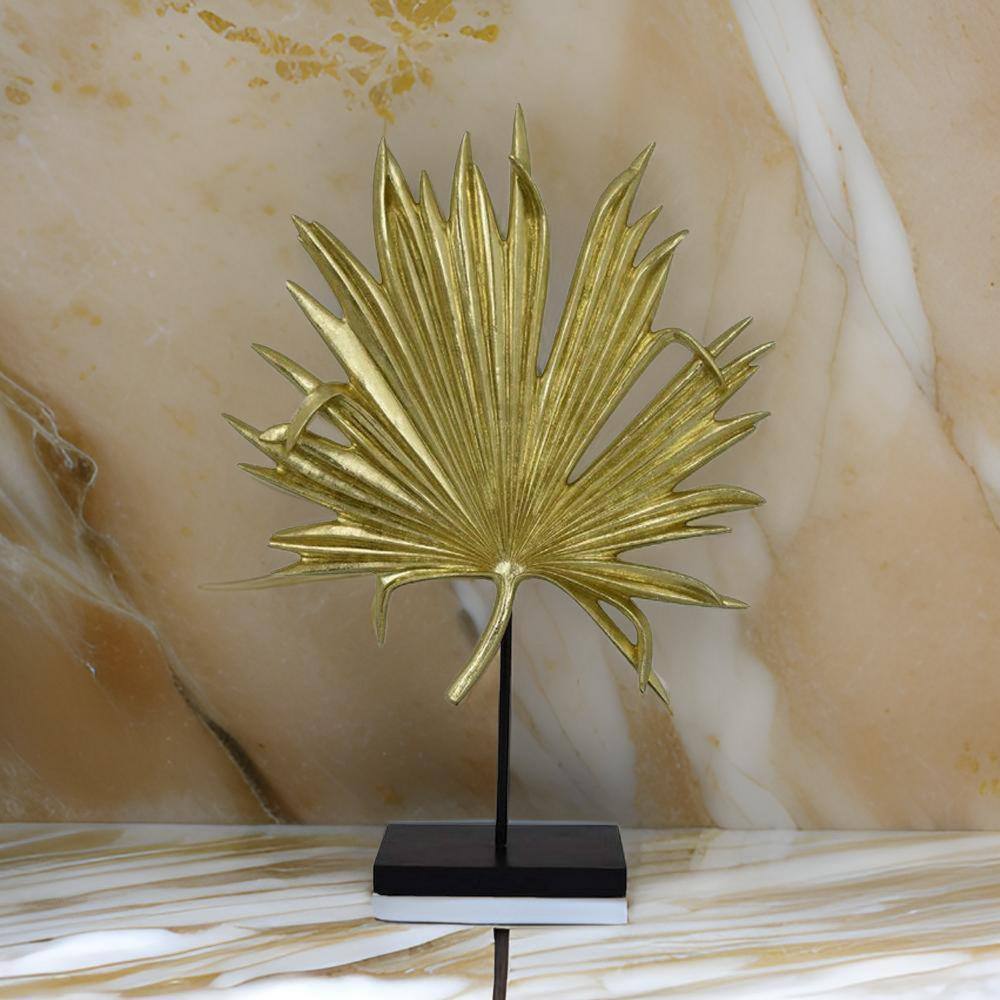 Gold Palm Leaf Resin Decorative Sculpture with Black Base
