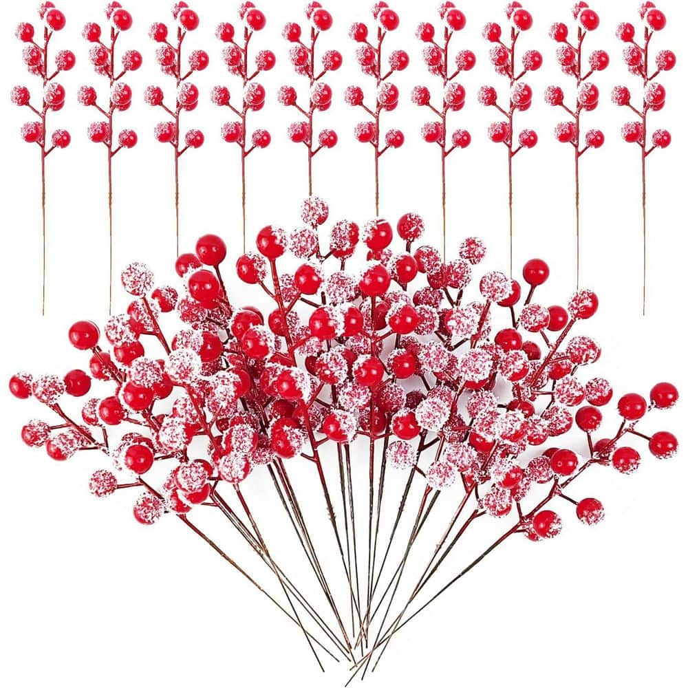 0.02 in. 32-Pack 9 in. Red Artificial Holly Berry Stems Christmas ...