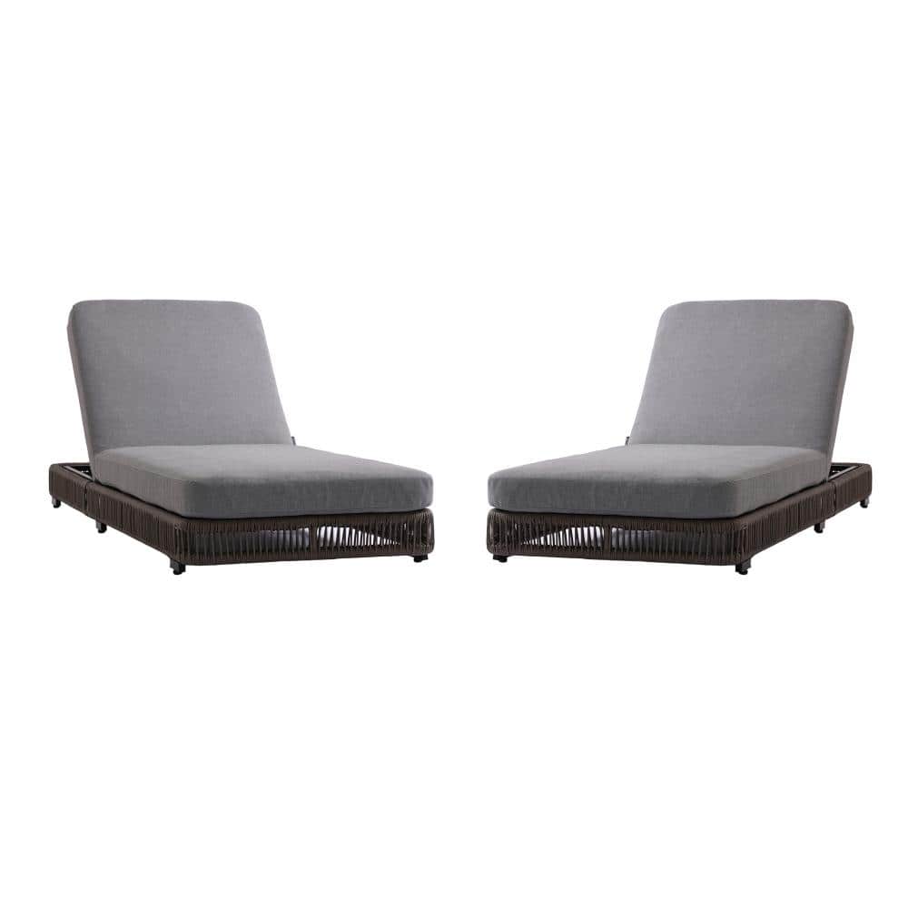 Set of 2 Metal Lounge Modern Patio Powder-Coated Gray Frame Outdoor Chaise Lounges With Gray Cushions