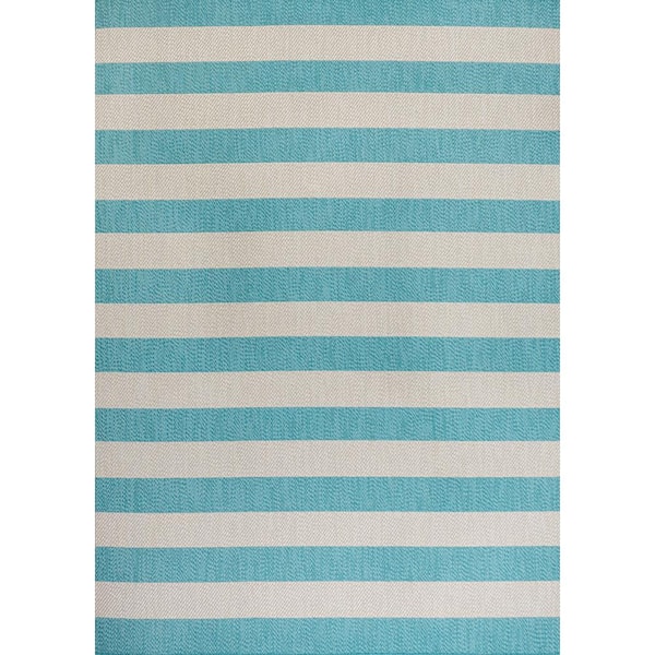 Negril 2-Tone Wide Stripe Aqua/Cream 8 ft. x 10 ft. Indoor/Outdoor Area Rug