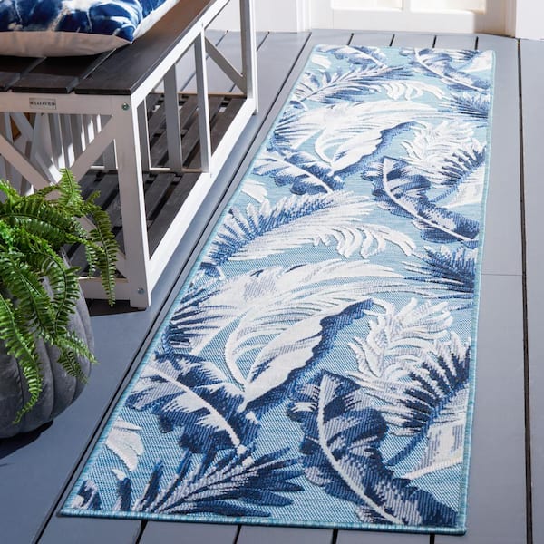 Cabana 2 ft. x 11 ft. Aqua/Navy Floral Runner Rug
