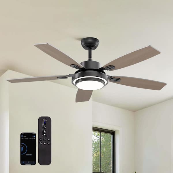 LuminFan 52 in. Indoor Black Downrod Mount Ceiling Fan with Integrated LED with Remote Control Included