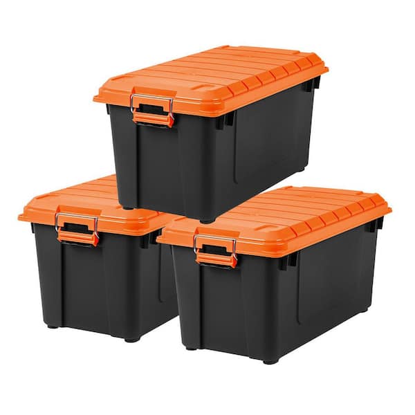 21 gal. Heavy-Duty Stackable Storage Tote, Black with Orange Lid (Set of 3)