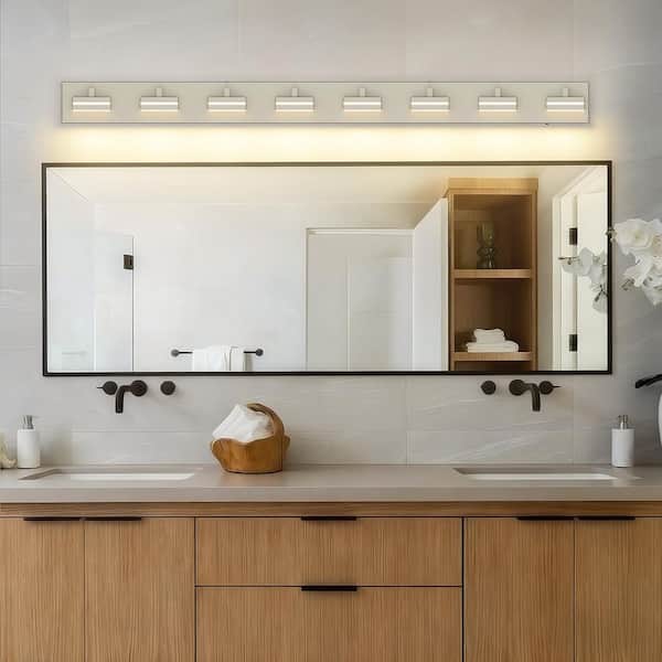 55.12 in. 8-Light Nickel LED Bathroom Vanity Light with 5-CCT Adjustable Switch and Acrylic Lampshade