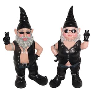 14.5 in. H Peace Sign Biker Dude and Babe the Biker Gnome in Leather Motorcycle Riding Gear 2-Piece Set Statues