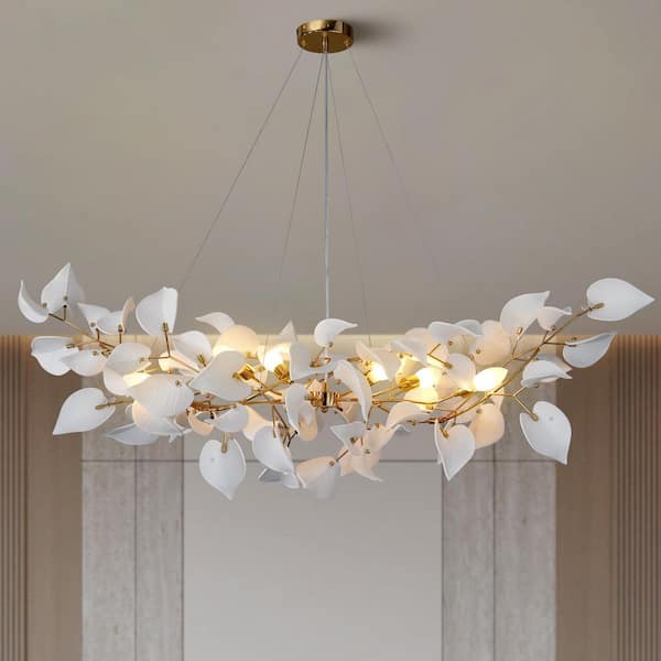 47" 6-Light Luxury Gold Rectangle Chandelier, Modern Ceramic Leaf Branch Chandelier for Dinning Room, Kitchen Island