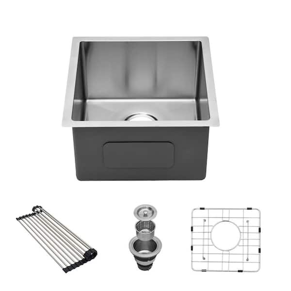 Sarlai 15 in. Undermount Single Bowl 16-Gauge Stainless Steel Bar Sink with Bottom Grid and Strainer