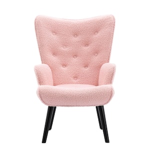Pink Teddy Fabric Wingback Accent Chair with Wooden Legs