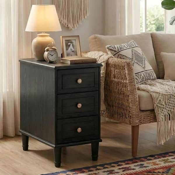 Fnova 25 in. H Solid Wood Black Rectangle End Table with 3 Drawers