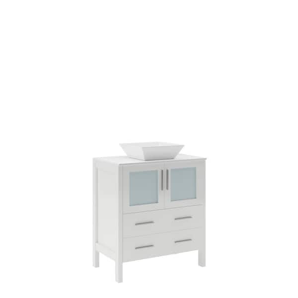 Torino 30 in. Bath Vanity in White with Glass Stone Vanity Top in White with White Basin