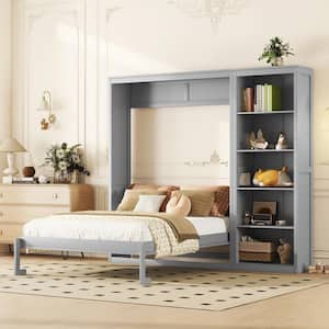 Gray Wood Frame Queen Size Murphy Bed, Wall Bed with 5-Layer Storage Shelves