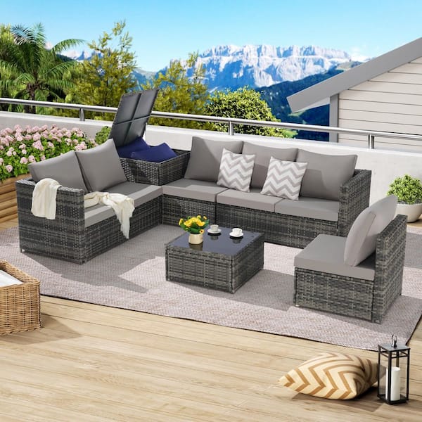 Unbranded 6-Piece L-Shaped Wicker Patio Conversation Set with Light Gray Cushions, Corner Table and Glass Top Table