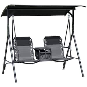 70 in. 2-Person Metal Porch Patio Swing with Canopy, Covered Swing with Table, Cup Holder, Adjustable Canopy, Black
