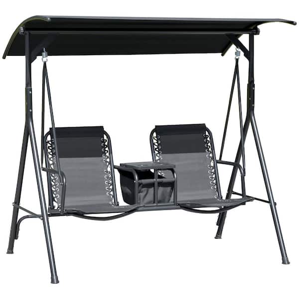 Outsunny 70 in. 2-Person Metal Porch Patio Swing with Canopy, Covered Swing with Table, Cup Holder, Adjustable Canopy, Black