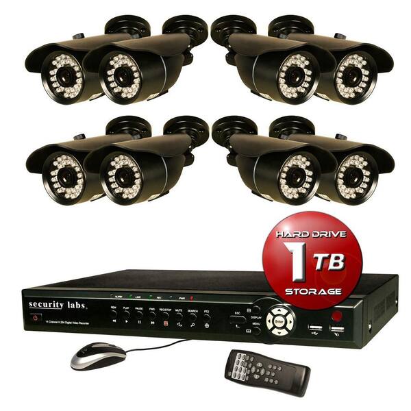 Security Labs 16 CH Surveillance System with H.264 / Smartphone DVR, 1TB HDD, Alarm E-mail and (8) 700TVL Weatherproof IR Cameras