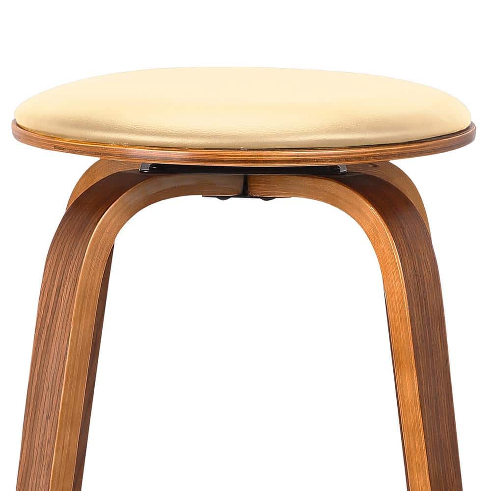 Cream and Walnut Swivel Backless Mid-Century Modern Bar Stool
