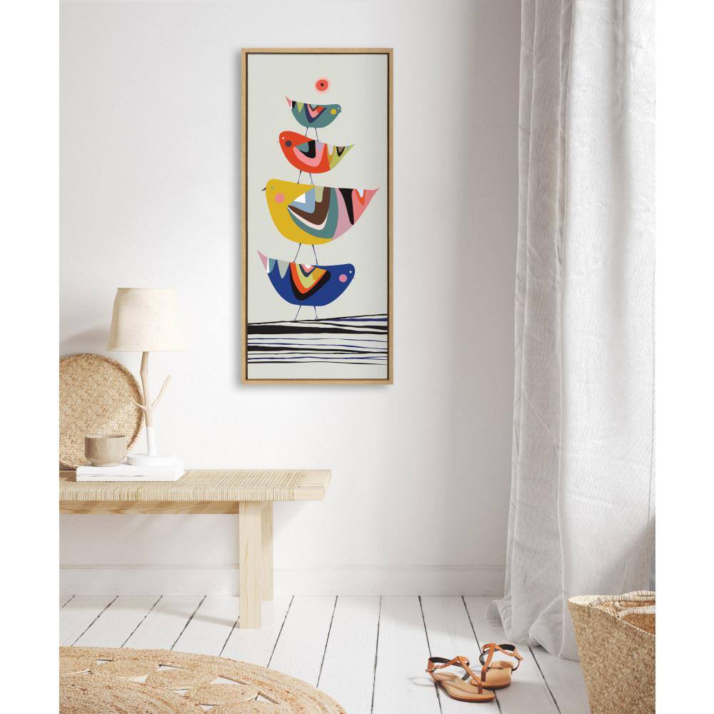 Colorful Family Tree Bird Print on Canvas with Natural Frame