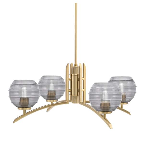 Unbranded Siena 27.5 in. 4-Light New Age Brass Chandelier with 6 in. Smoke Ribbed Glass Shade, No Bulbs Included