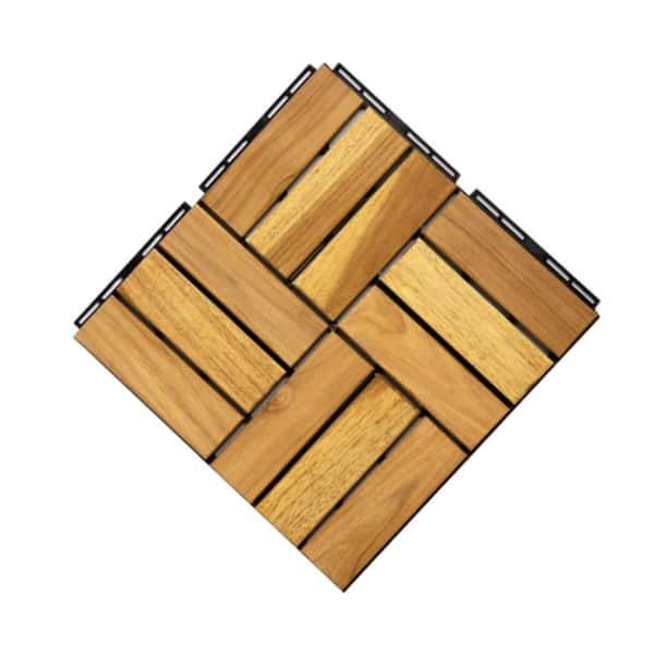 Unbranded 12 ft. x 12 ft. Square Teak Wood Interlocking Flooring Tiles Checker Pattern Pack of 10 Tiles