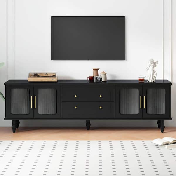 Polibi Modern Black TV Stand Fits TV's Up to 78 in. with Fluted Glass Doors, 2 Drawers and Cabinets