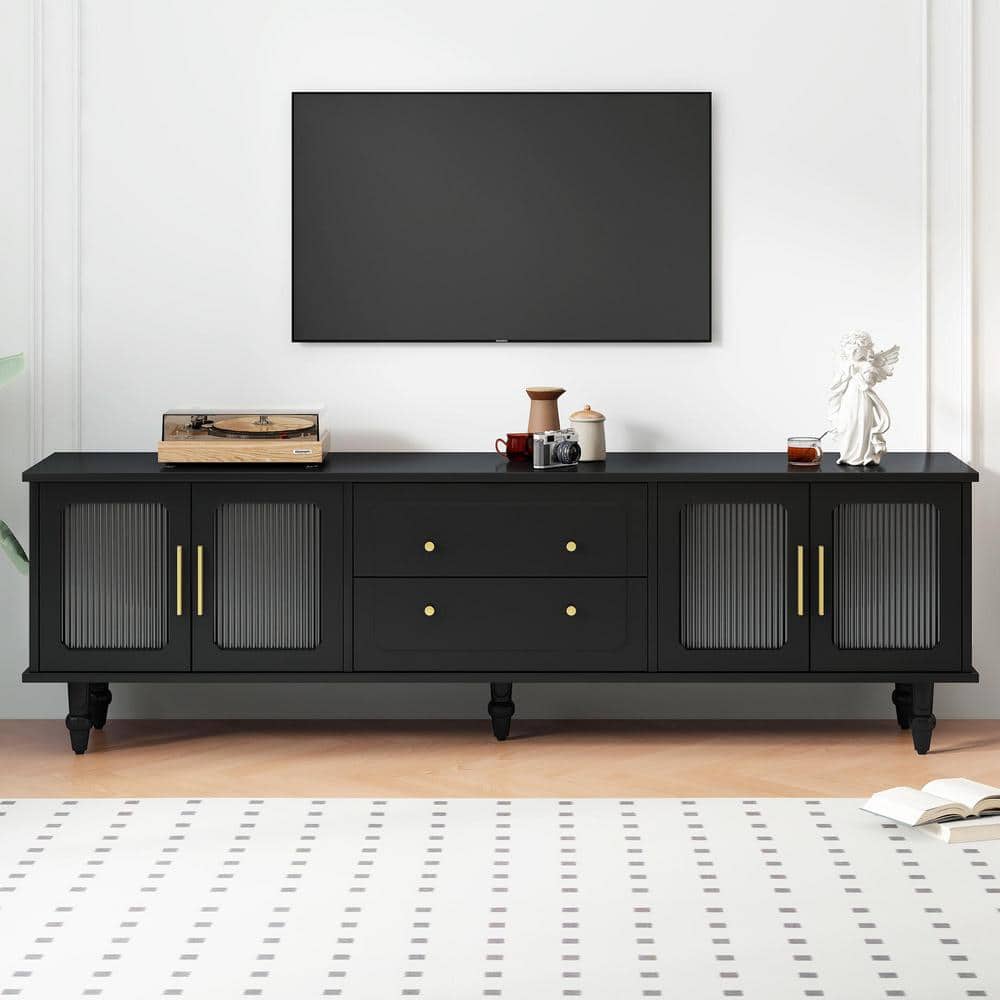 Black Fluted Glass Door TV Stand with Drawers and Cabinets