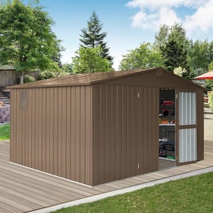 11 ft. W x 9 ft. D Outdoor Metal Shed Tool Storage with Galvanized Steel Frame, Windows, Lockable Door Brown(99 sq. ft.)