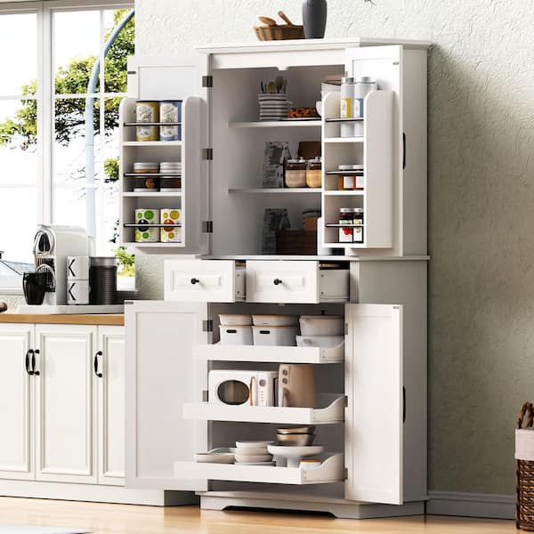 Antique White Wood 31.5 in. Kitchen Cart Embossed Texture Freestanding Kitchen Pantry with 6 Door Shelves and 2-Drawer