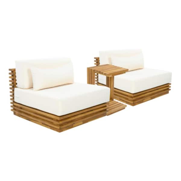 3-Piece Acacia Wood Outdoor Conversation Patio Furniture Set with Beige ...