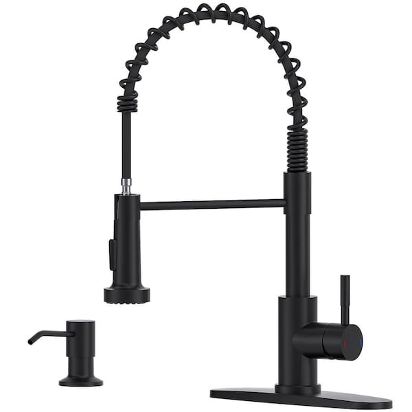 Wudkey 18 in. H x 9.8 in. W x 8.25 in. D Matte Black Stainless Steel Kitchen Faucet with Soap Dispenser and Pull Down Sprayer