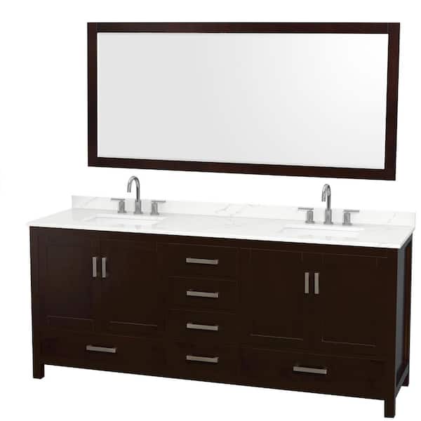 Wyndham Collection Sheffield 80 in. W x 22 in. D x 35 in. H Double Bath Vanity in Espresso with Giotto Quartz Top and 70 in. Mirror