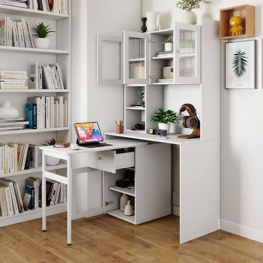 39 in. White Wood 1-Drawer Computer Desk with 90° Rotating Desktop