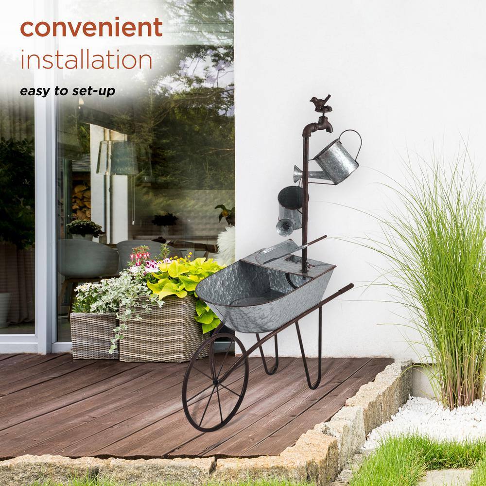 36" Silver Metal Wheelbarrow and Watering Can Fountain