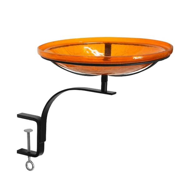 Reflective Crackle Glass Birdbath Bowl With Rail Mount Bracket, 14 in. dia. Orange