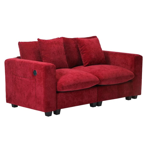 Lucca 70 in. Plush Chenille Upholstered Square Arm Modular Loveseat w/ USB Charger Port, Red