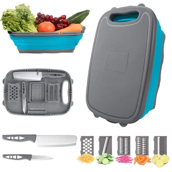 1-Piece  9-In-1 Collapsible Gray PP TPR Cutting Board Kitchen Set w/ Stainless Steel Cutter and Colander for Camping RV