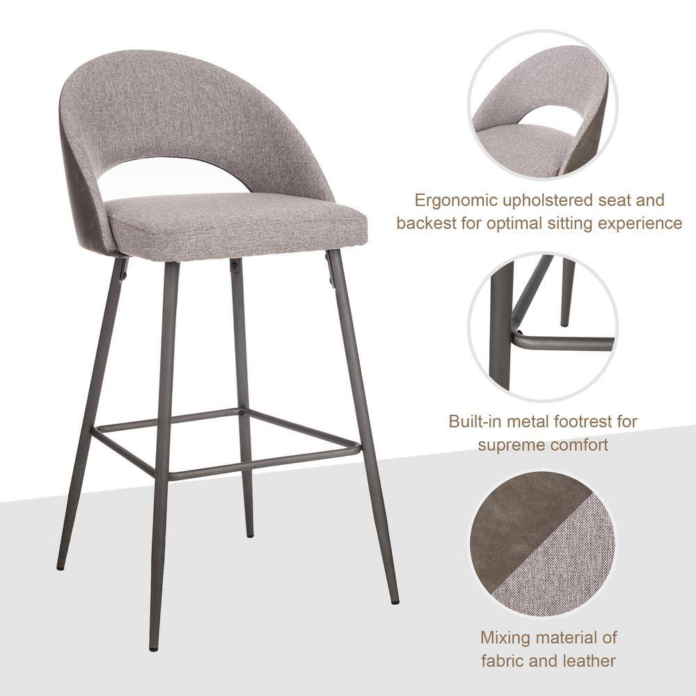 Contemporary Dark Gray Leatherette Barstool with Matte Metal Legs, Set of 2