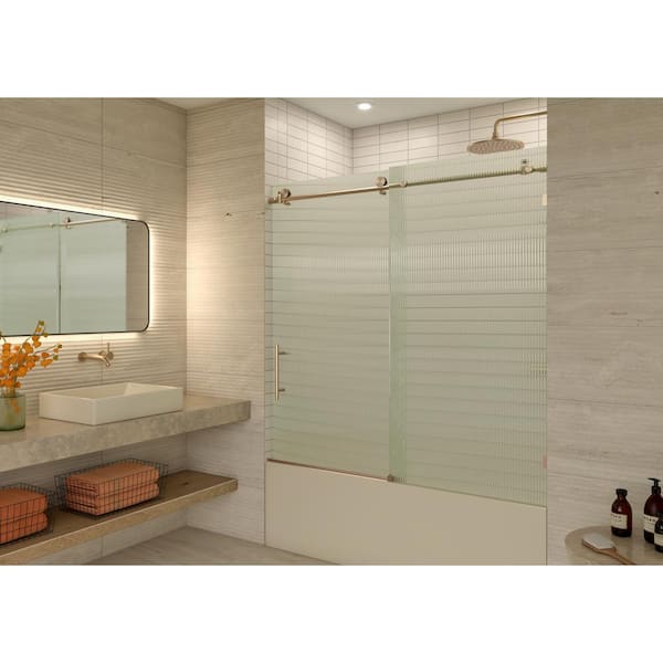 Glass Warehouse Galaxy 56 in. To 60 in. W x 60 in. H Frameless Sliding Bathtub Door in Brushed Bronze with Fluted Glass