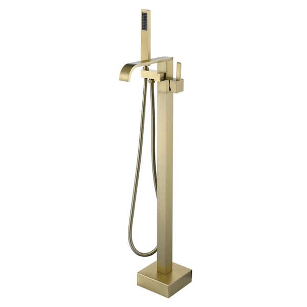 Single-Handle Floor-Mount Freestanding Bathroom Tub Faucets with Handheld Shower in Brushed Gold