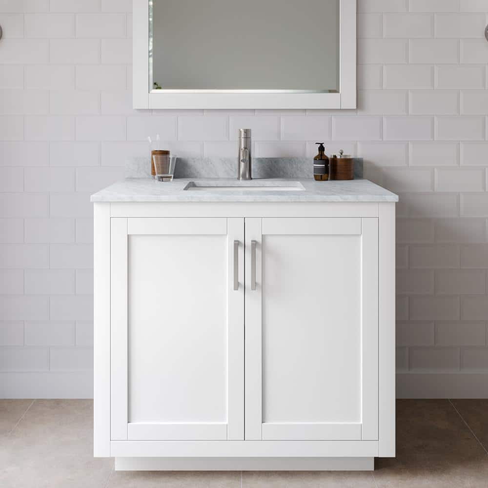Miranda 36 in. W Single Bath Vanity in White with Marble Vanity Top in White Carrara with White Basin and Mirror price history on PriceWatchPro