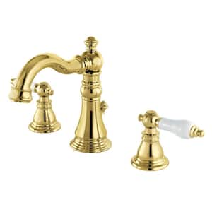 American Patriot 2-Handle 8 in. Widespread Bathroom Faucets with Pop-Up Drain in Polished Brass