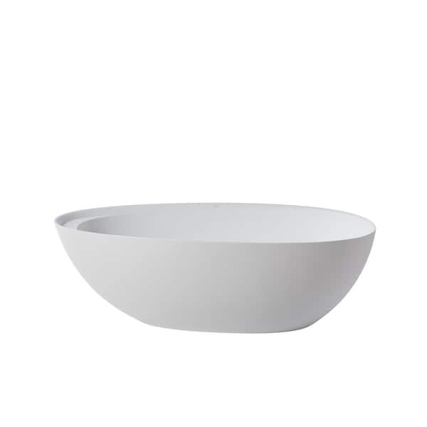 MYCASS 67 in. x 33.5 in. Elegant Soaking Freestanding Solid Surface Resin Stone Oval Bathtub with Center Drain in Matte White