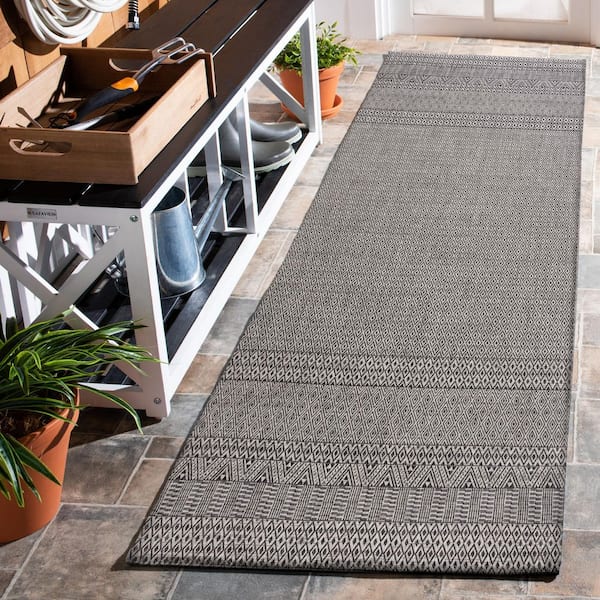 Courtyard Gray/Black 2 ft. x 22 ft. Geometric Diamond Indoor/Outdoor Runner Rug