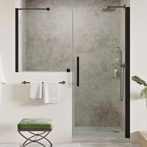 Pasadena 69-7/16 in. W x 72 in. H Pivot Frameless Shower Door in Black with Buttress Panel and Shelves