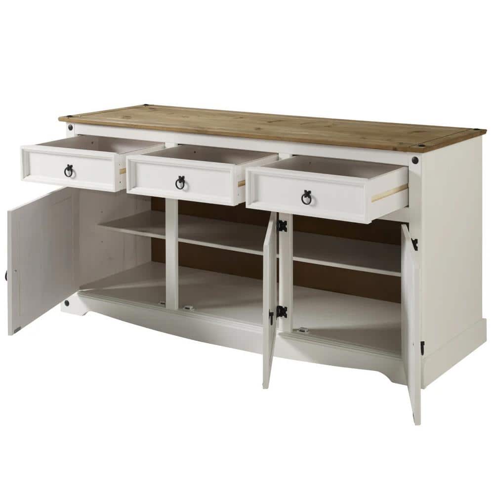 Cottage Series Distressed White Pine Wood Buffet Sideboard