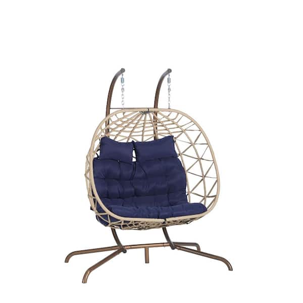 Unbranded 2-Person Beige Wicker Patio Swing with Dark Blue Cushions, Balcony Double Egg Chair Porch Swing Chair with Stand Hanging