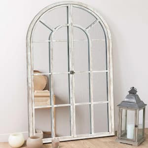 36 in. W x 24 in. H Classic Arched Wood Framed Wall Mirror With Opening Door in Weathered White