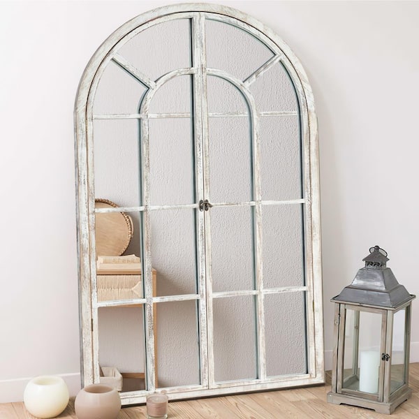 36 in. W x 24 in. H Classic Arched Wood Framed Wall Mirror With Opening Door in Weathered White