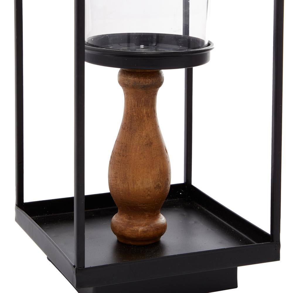 Rustic Black Iron and Wood Lantern Candle Holders, Set of 2